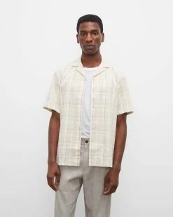 New ๐ Club Monaco Men Short Sleeve Plaid Linen ๐ Shirt Tan Multi ๐