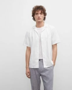 Cheap 😀 Club Monaco Men Short Sleeve Thin Stripe Linen 👕 Shirt White 👍