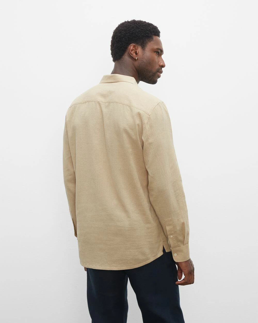 Best Pirce π Club Monaco Men Long Sleeve Camp Collar Seersucker π Shirt Tan βοΈ - Image 2