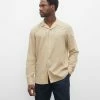 Best Pirce 👏 Club Monaco Men Long Sleeve Camp Collar Seersucker 👚 Shirt Tan ✔️
