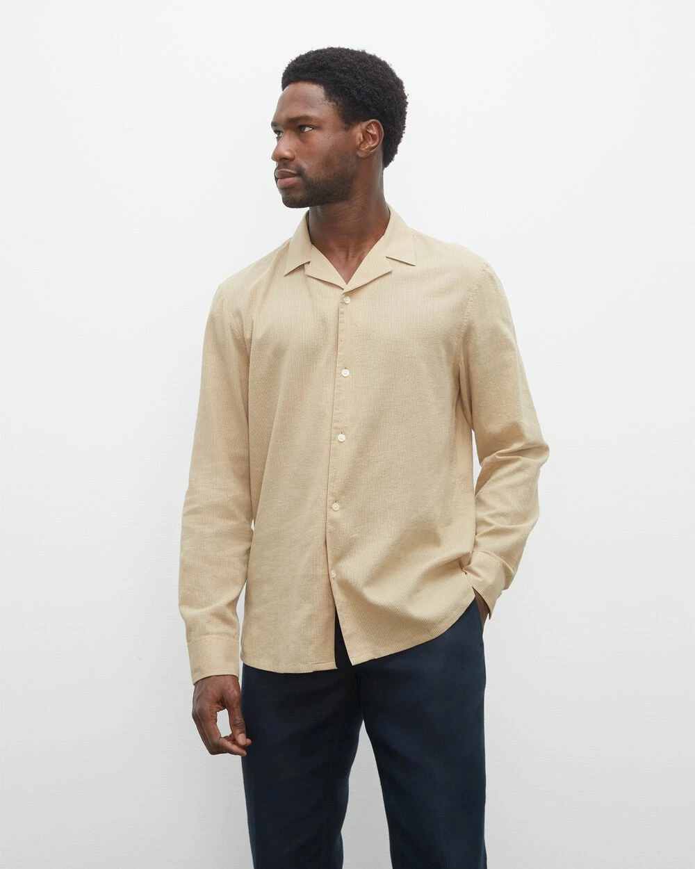 Best Pirce π Club Monaco Men Long Sleeve Camp Collar Seersucker π Shirt Tan βοΈ