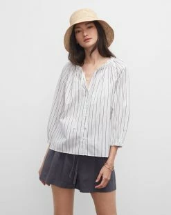 New 💯 Club Monaco 👩 Women Tie Neck Sculpt Sleeve Blouse Grey Stripe ✨