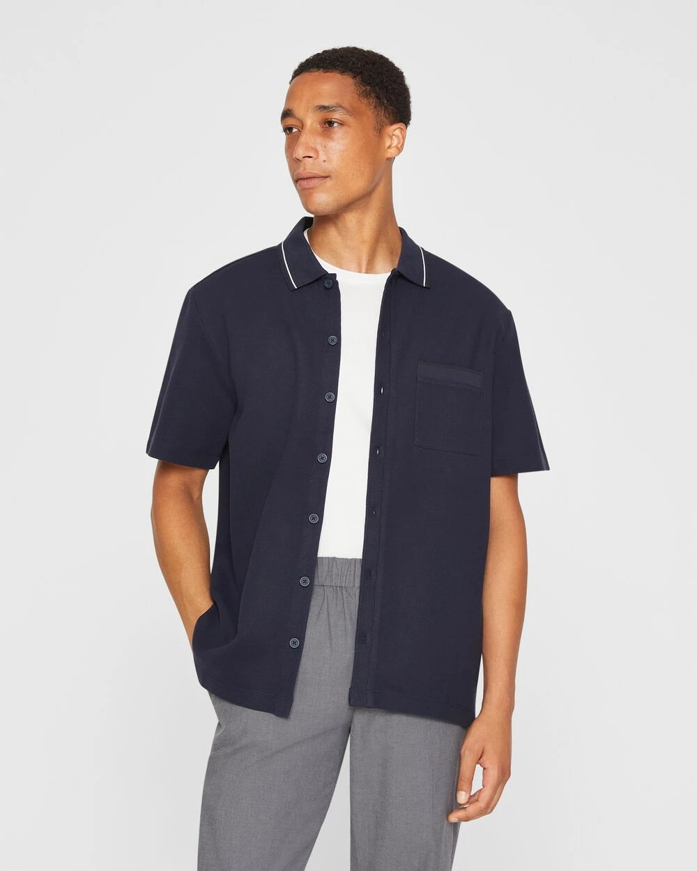 Outlet ✨ Club Monaco Men Cotton Full Button Polo Navy Multi ✨