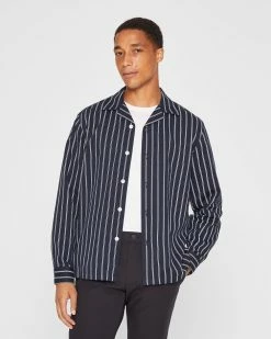 Top 10 🥰 Club Monaco Men Long Sleeve Camp Collar Stripe 👕 Shirt Navy/White Stripe ✨