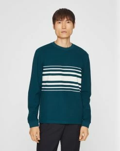 Best Pirce ⌛ Club Monaco Men Stripe Piqué Crewneck Sweatshirt Teal 🎁