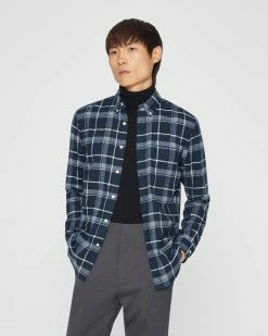 Best reviews of 🎁 Club Monaco Men Long Sleeve Open Plaid Flannel 👕 Shirt Navy 🔔