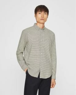 Best Pirce 🥰 Club Monaco Men Long Sleeve Houndstooth Flannel 👕 Shirt Olive Multi 🎁