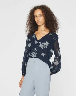 Outlet ⌛ Club Monaco 👩 Women Silk Button Detail Blouse Blue Ground 🥰
