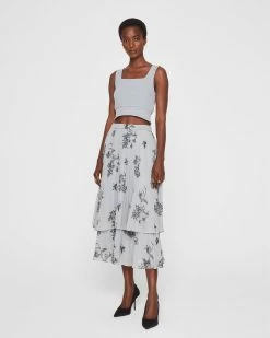 Best Pirce 🌟 Club Monaco 👩 Women Double Tiered Pleated 👗 Skirt Blue Ground ⭐