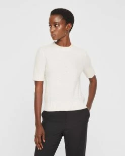 Wholesale 🌟 Club Monaco 👩 Women Short Sleeve Boiled Cashmere Sweater White Noise 🥰