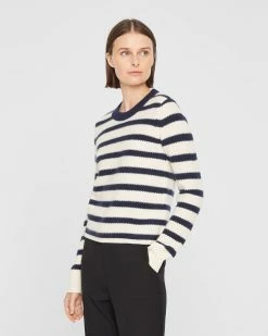 Best Sale 🥰 Club Monaco 👩 Women Striped Cashmere Honeycomb Crew Navy Stripe 🎁
