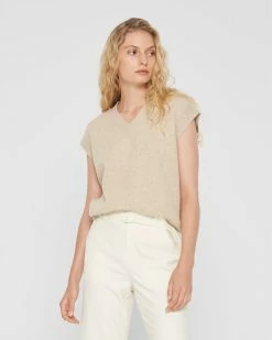 Best Sale 😍 Club Monaco 👩 Women Voluminous Cashmere V-Neck Wheat 👍