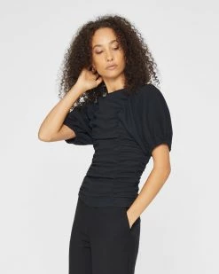 Best Pirce ⌛ Club Monaco 👩 Women Ruched Pull Sleeve Top Black 🔥