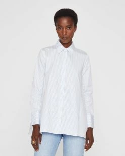 Outlet 🔥 Club Monaco 👩 Women Striped Button-Down Swing 👕 Shirt Blue Stripe 👏