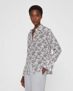 Top 10 🔔 Club Monaco 👩 Women Helek Silk 👕 Shirt Blue Multi Combo 💯