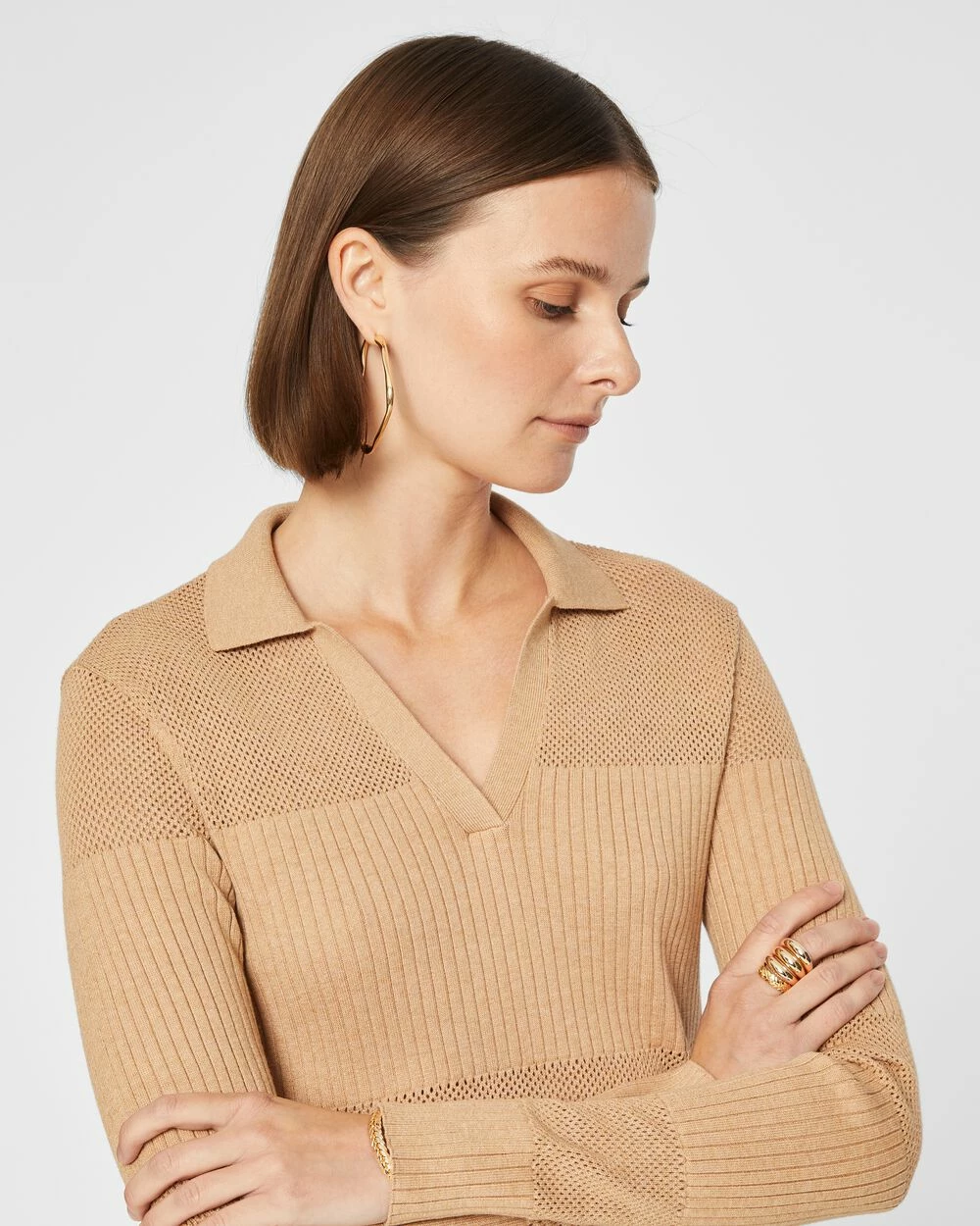 Deals ๐ Club Monaco ๐ฉ Women Mix Stitch Johnny Collar Sweater Dune ๐ - Image 3