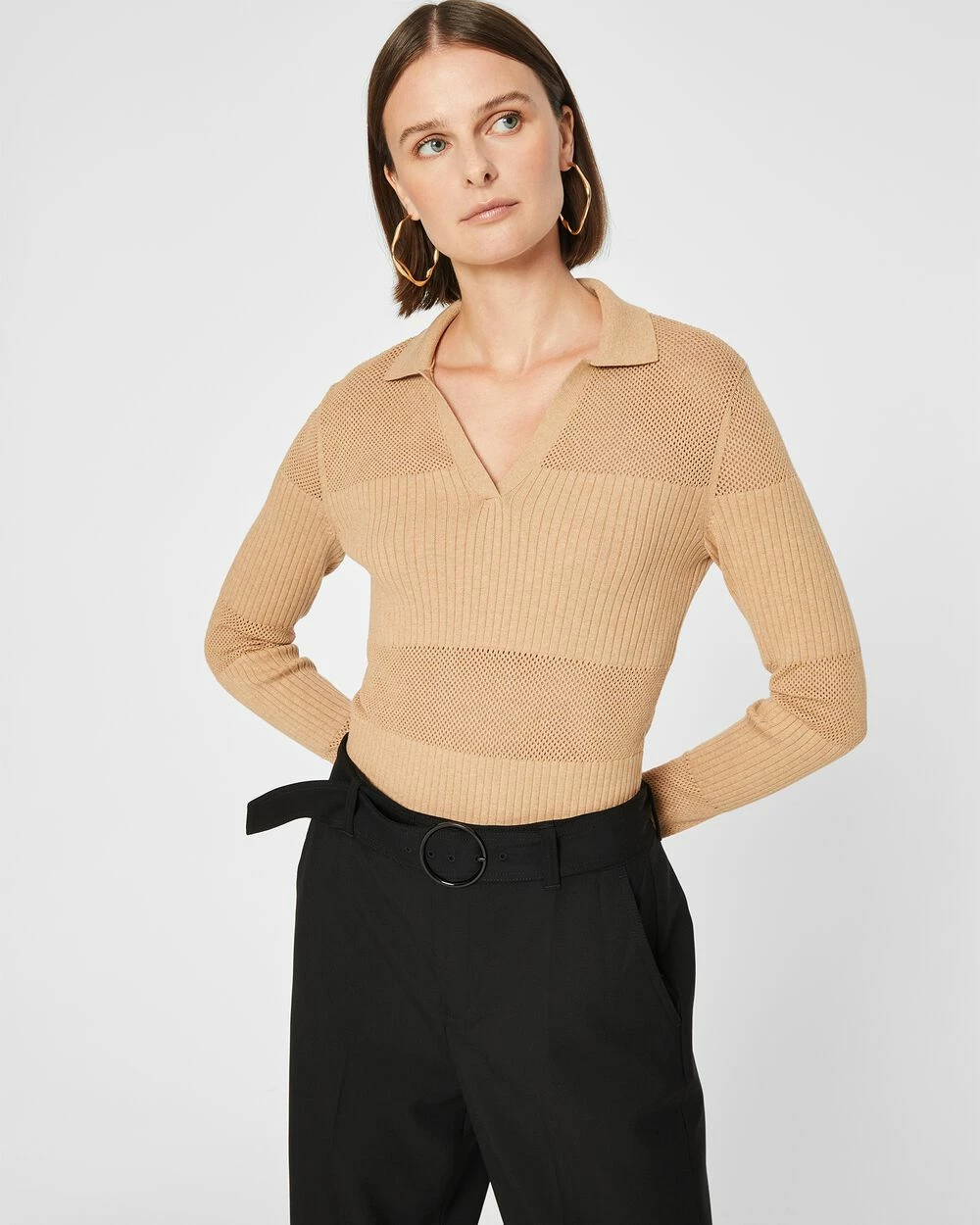 Deals ๐ Club Monaco ๐ฉ Women Mix Stitch Johnny Collar Sweater Dune ๐ - Image 4
