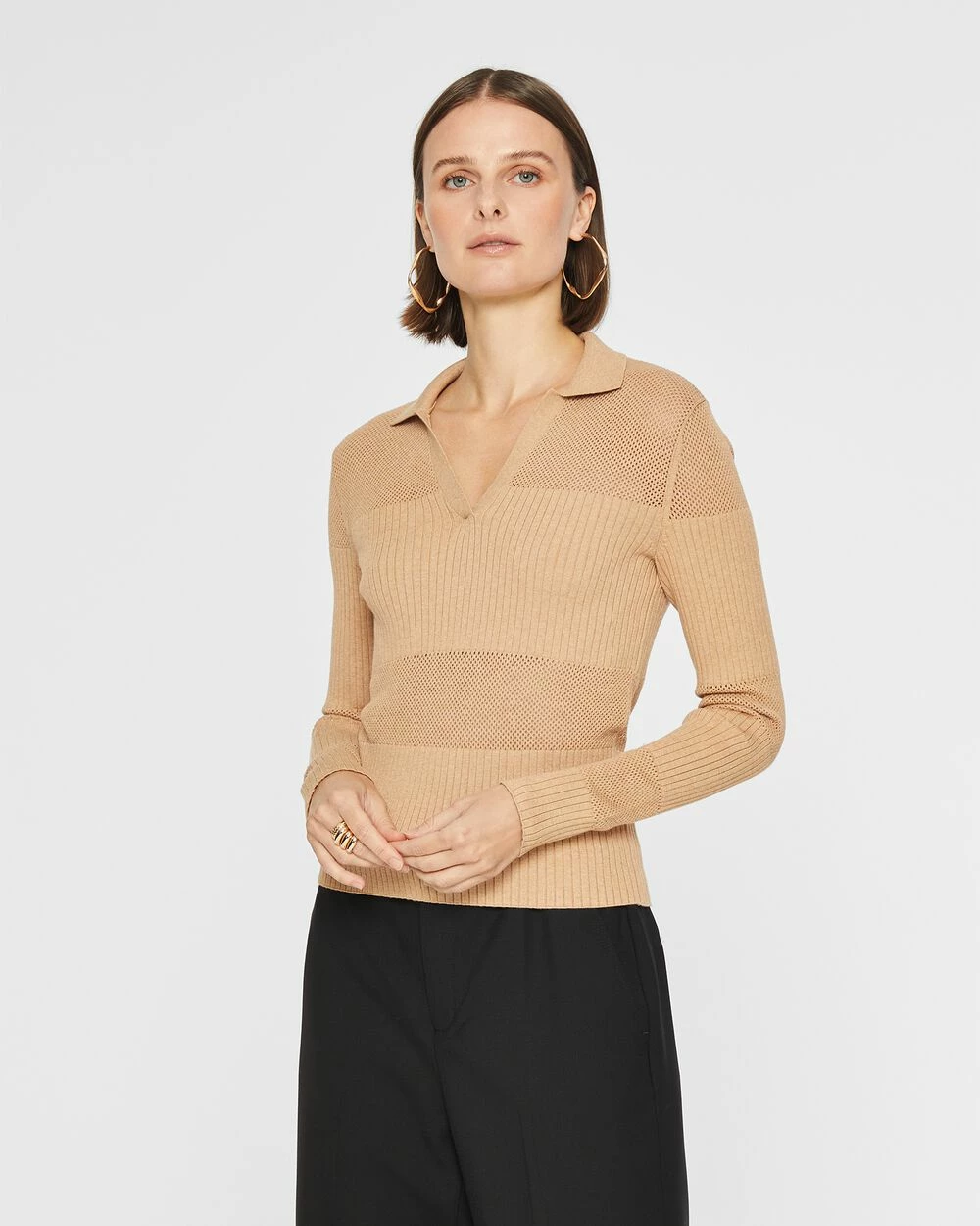 Deals ๐ Club Monaco ๐ฉ Women Mix Stitch Johnny Collar Sweater Dune ๐