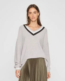 Hot Sale ๐ Club Monaco ๐ฉ Women Oversized V-Neck Sweater Light Heather Grey ๐