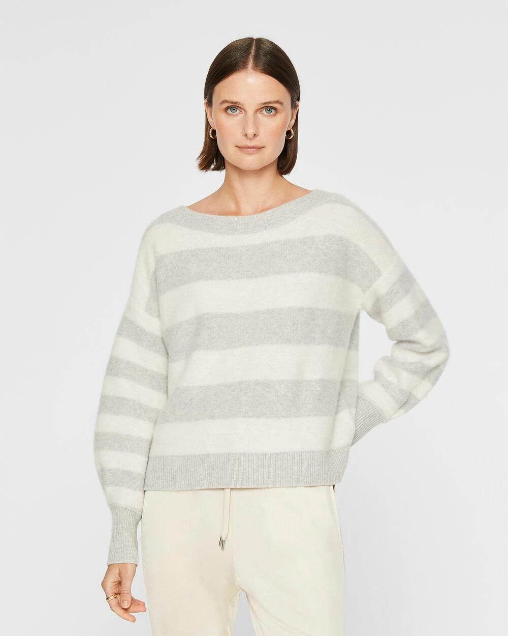 Best deal 🌟 Club Monaco 👩 Women Striped Boiled Cashmere Boatneck Sweater Light Heather Grey &white ⌛ - Image 4