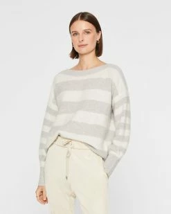 Best deal 🌟 Club Monaco 👩 Women Striped Boiled Cashmere Boatneck Sweater Light Heather Grey &white ⌛