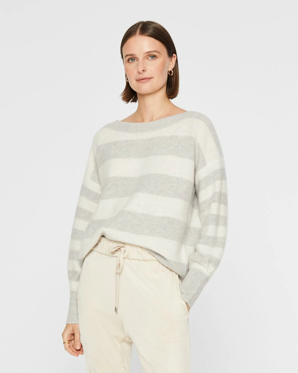 Best deal 🌟 Club Monaco 👩 Women Striped Boiled Cashmere Boatneck Sweater Light Heather Grey &white ⌛