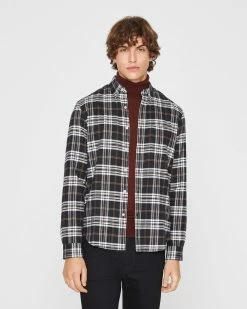 New 💯 Club Monaco Men Long Sleeve Plaid Flannel 👕 Shirt Black Multi ⌛