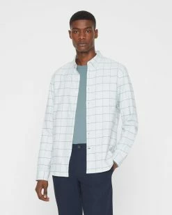 Coupon 🧨 Club Monaco Men Long Sleeve Houndstooth Flannel 👚 Shirt Vapor Blue Multi 🔥