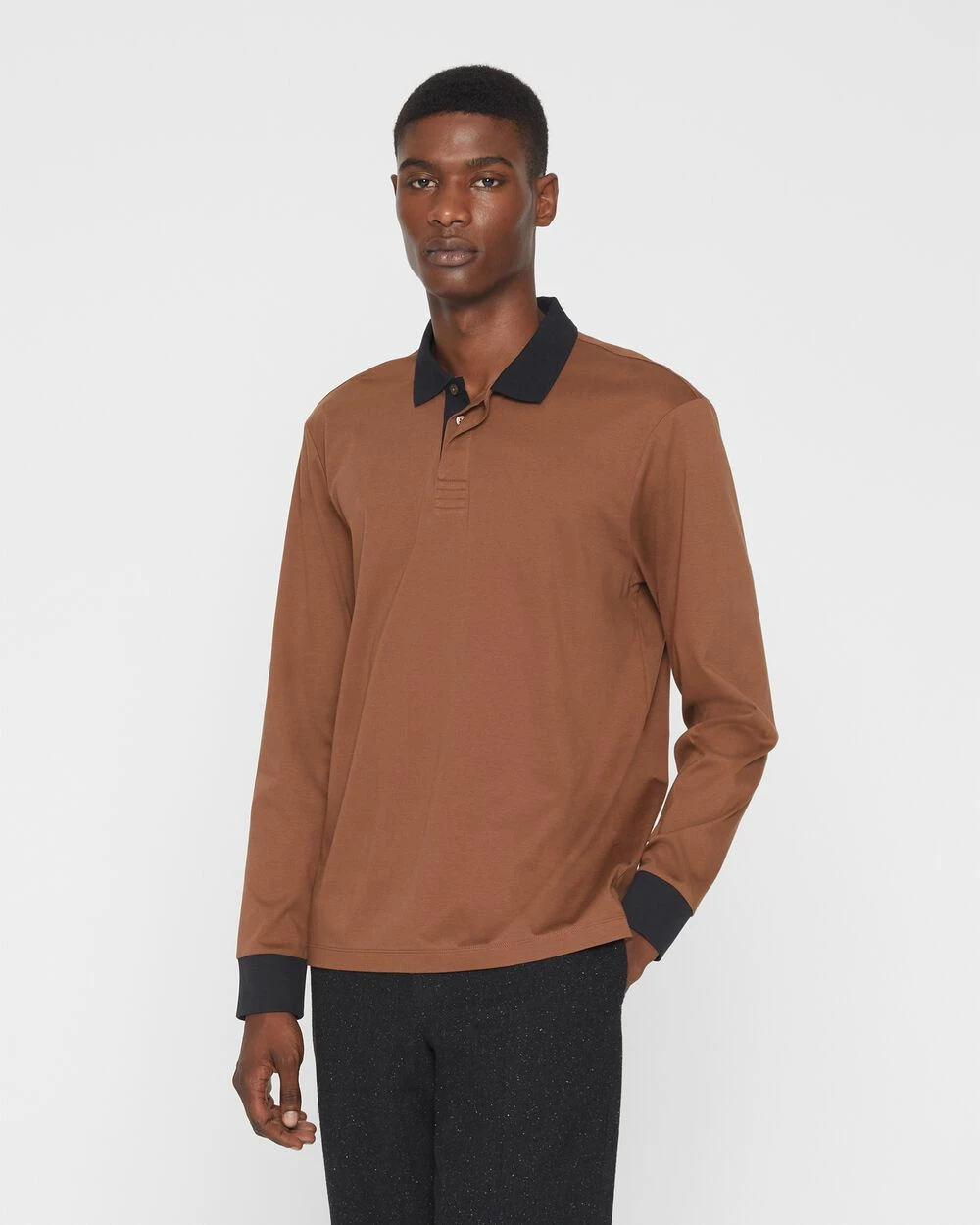 Discount 👏 Club Monaco Men Refined Long Sleeve Polo Medium Brown 🥰