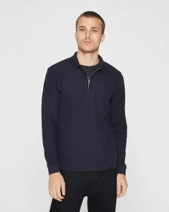 Best Pirce ⭐ Club Monaco Men Long Sleeve Tipped Polo Outer Space Navy 🔔