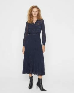 Flash Sale 🤩 Club Monaco 👩 Women Pleated Jacquard 👕 Shirt 👗 Dress Navy 👏