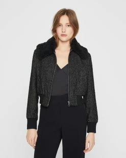 Top 10 🎁 Club Monaco 👩 Women Mixed Media Crop Jacket Houndstooth/Black ❤️
