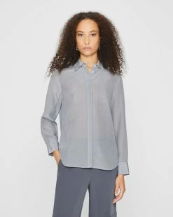 Best Sale ๐ Club Monaco ๐ฉ Women Signature Silk ๐ Shirt Herringbone ๐งจ