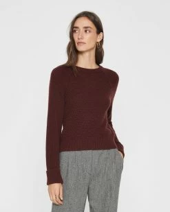 Best Sale 🤩 Club Monaco 👩 Women Mixed Stitch Shrunken Crewneck Sweater Bitter Chocolate ✔️