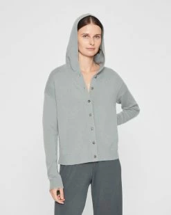 Best Sale ✔️ Club Monaco 👩 Women Cashmere Button Front Hoodie Sage 🎉