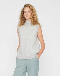 Best Pirce 👍 Club Monaco 👩 Women Silk Cashmere Sleeveless Mock Neck Sweater Grey Multi 🛒