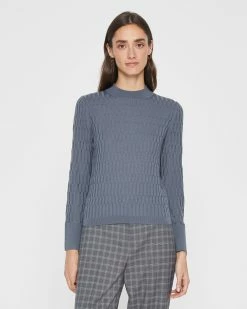 Outlet 👍 Club Monaco 👩 Women Signature Ribbed Mock Neck Sweater Stormy Blue 🌟