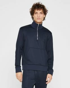 Hot Sale ✨ Club Monaco Men Tech Terry Mock Quarter-Zip 👚 Shirt Navy Blue 🥰