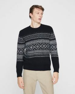 Outlet ❤️ Club Monaco Men Fair Isle Crew Sweater Black And White 💯