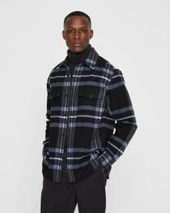 Promo 🛒 Club Monaco Men Long Sleeve Cozy Plaid Overshirt Black Multi 🛒