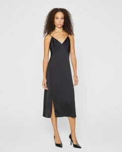 Best Sale 🔔 Club Monaco 👩 Women Button Detail Slip 👗 Dress Black 🤩