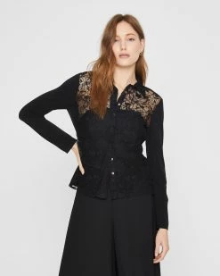 Budget π― Club Monaco π© Women Lace Front Button Down Blouse Black π€©
