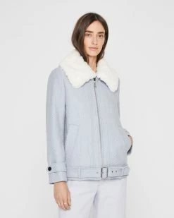 Coupon 😍 Club Monaco 👩 Women Textured Moto Jacket Grey White 🔔