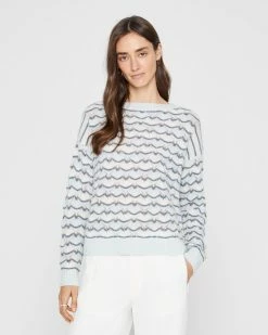Promo 🌟 Club Monaco 👩 Women Pointelle Boatneck Sweater Blue Multi 👏