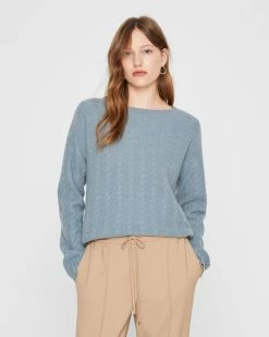 Coupon 🛒 Club Monaco 👩 Women Boiled Cashmere Cable Crew Sweater Lake Blue ⌛