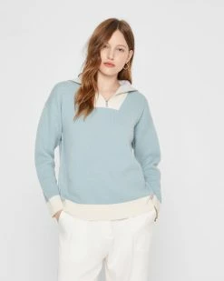 Cheap 🔔 Club Monaco 👩 Women Reversible Cashmere Quarter Zip Sweater Blue / Cream ⭐