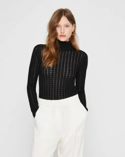 Top 10 ๐ Club Monaco ๐ฉ Women Signature Pointelle Turtleneck Sweater Black โ